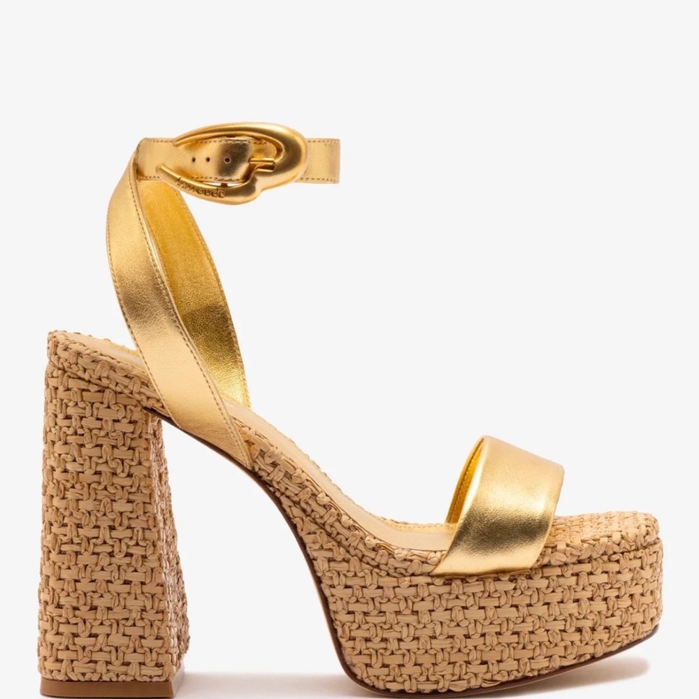 larroude dolly Gold Platform Woven Heel Sandals